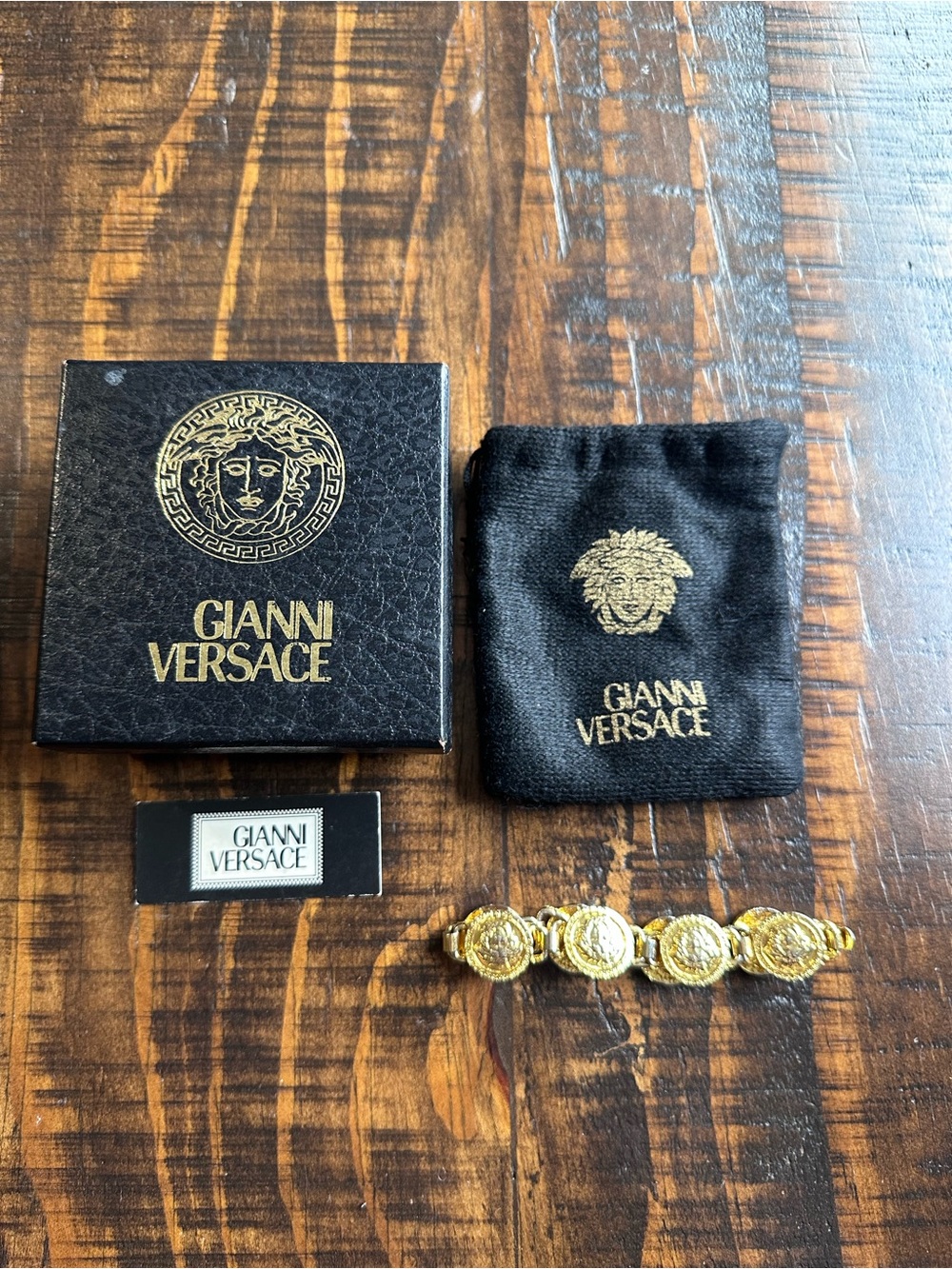 Versace Gold Medusa Coin Link Bracelet with Black Pouch and Box